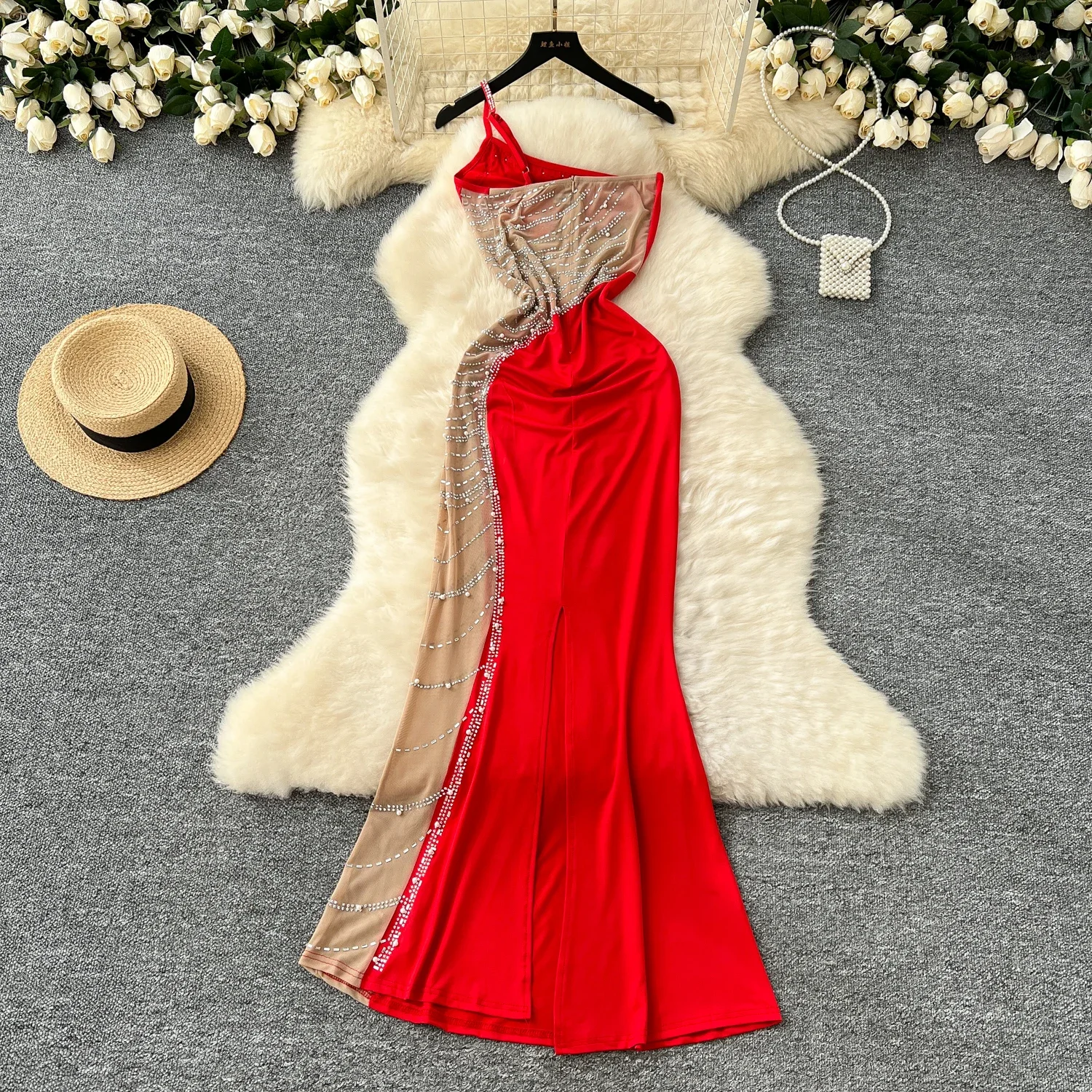 Vintage Sleeveless Elegant Embroidered Bead Chic Rhinestone Mesh Spliced Strap Dresses High Street Evening Party Women Clothing