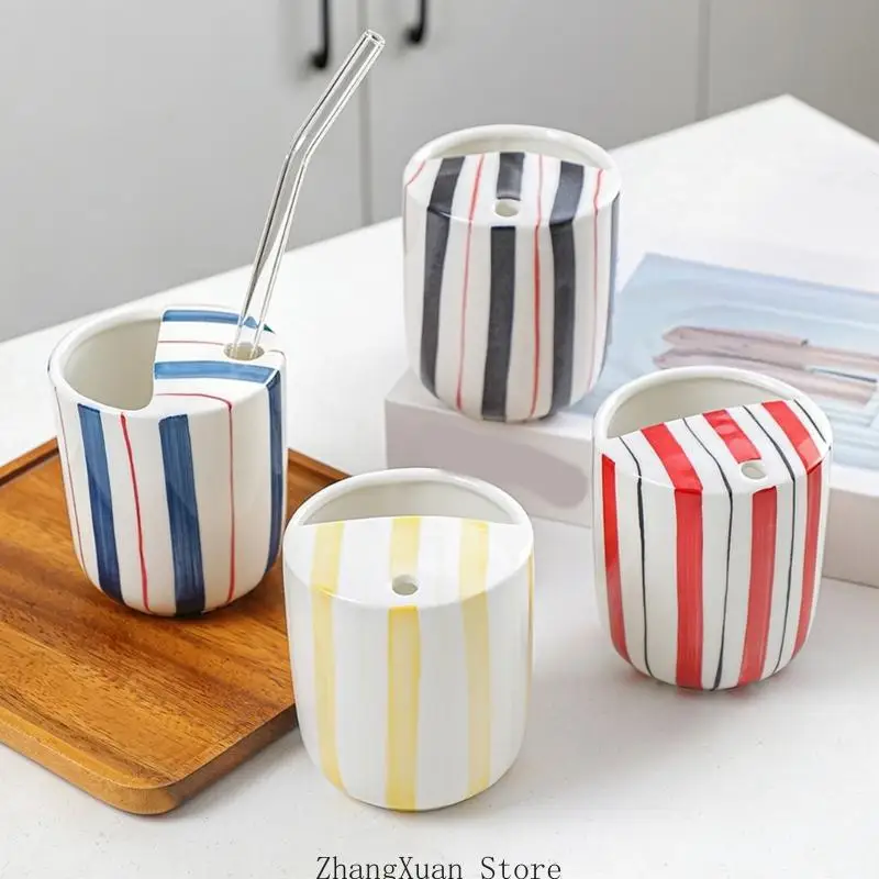 Ceramic Coffee Cup Nonslip Handheld Mug with Sip Top Half Lid For Home Office Kitchen Use Holiday Christmas Birthday Drinkware