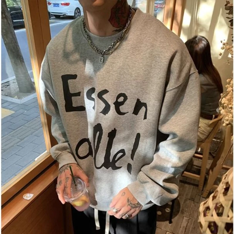 Fashionable Korean Personality Simple Round Neck Sweatshirt Men's Autumn and Winter Y2K Velvet Graffiti Letter Print Tops