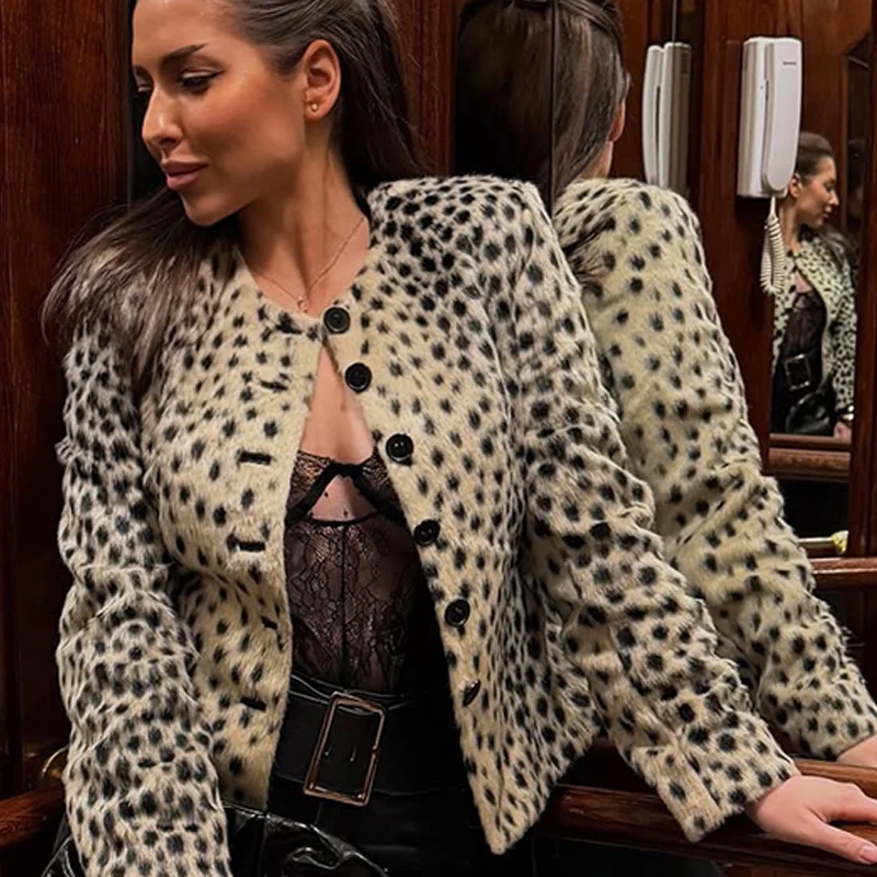 Women's Color Block Spotted Faux Fur Jacket Fur Jacket Wide Lapel Collar Long Sleeve Cropped Hem Drop Shoulder Street Warm Tops 5