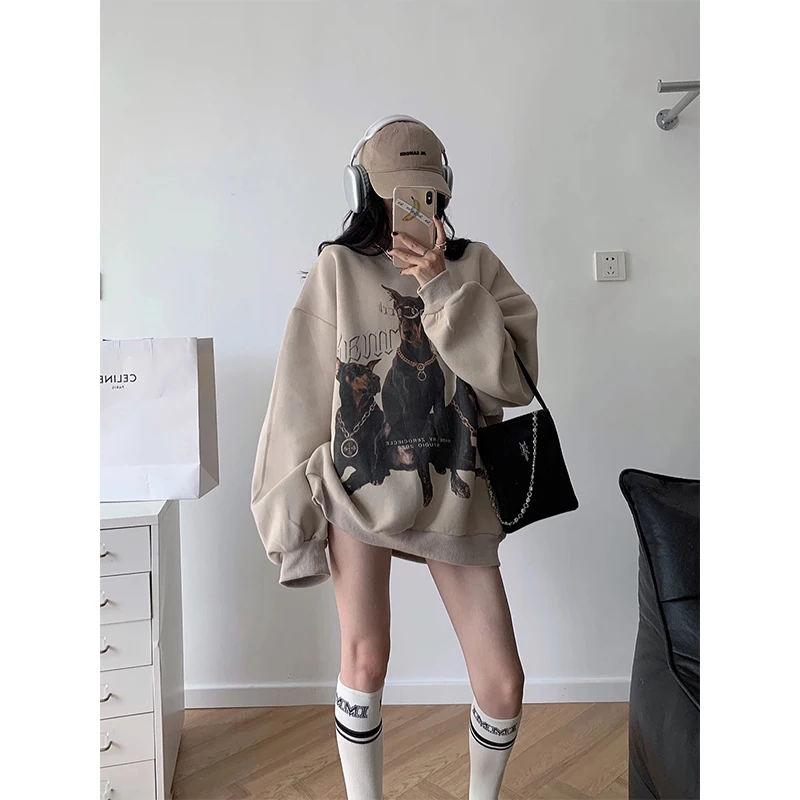 Autumn Womens Clothing Vintage Casual Street Sweatshirt Y2K Hooded Dog Printing Pullover Long Sleeves Oversize Ladies Tops