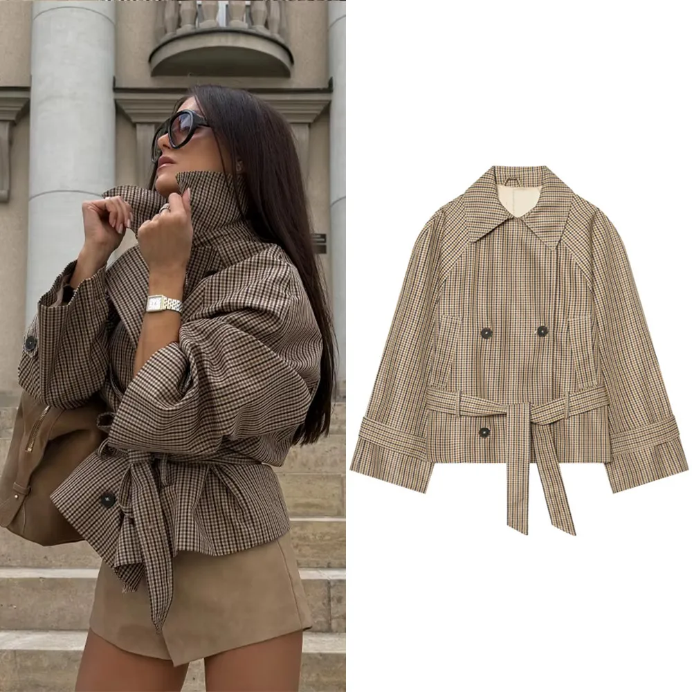 Ladies Autumn Winter Women Trendy Plaid Short Jacket Double Breasted Belt Pockets Jacket Outfits Streetwear Trench Coat Female