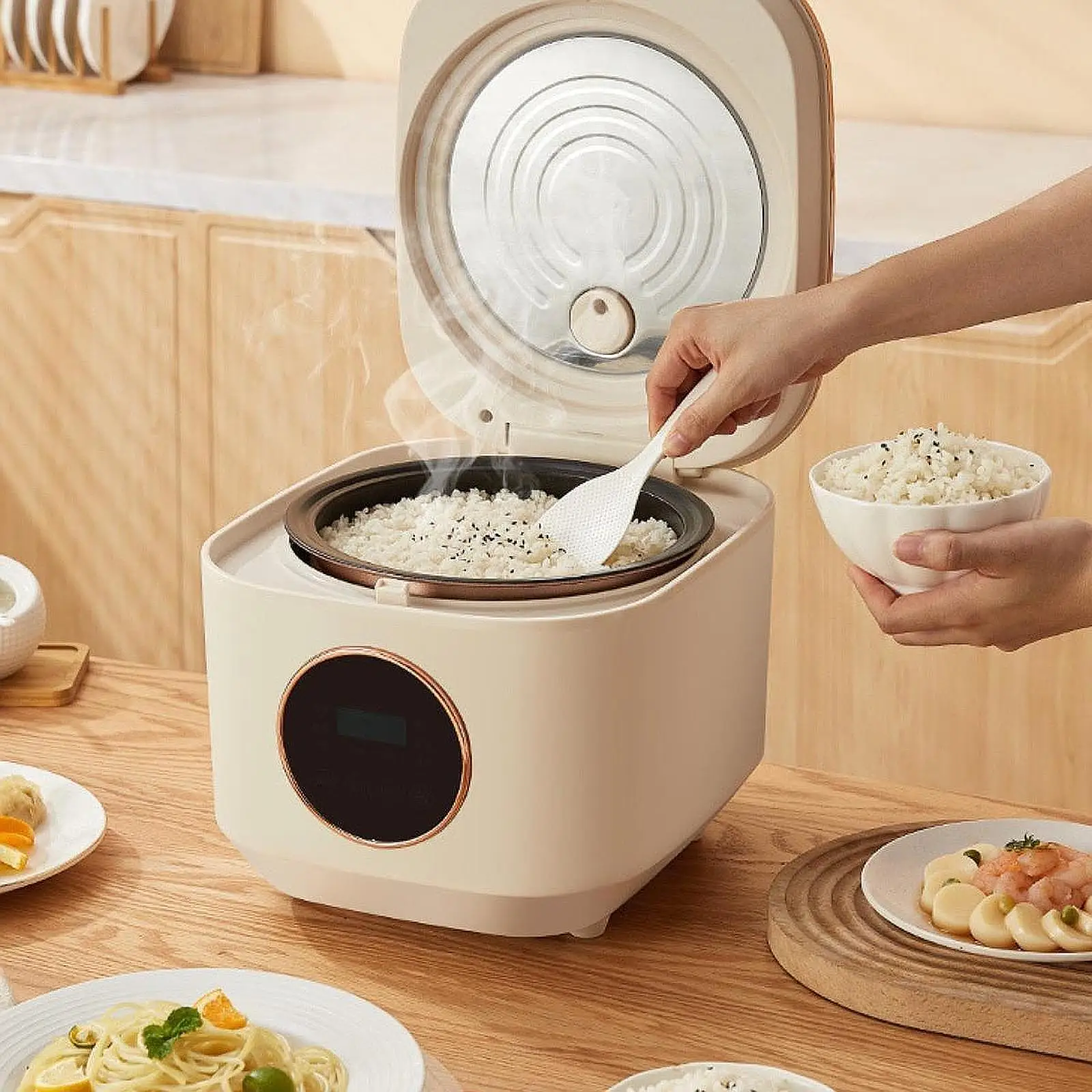 

Rice Cooker 12H Timer Nonstick Inner Pot Multifunctional Auto Keep Warm 2L Rice Cooking Pot for Steak Soup Fry Ramen Cooking