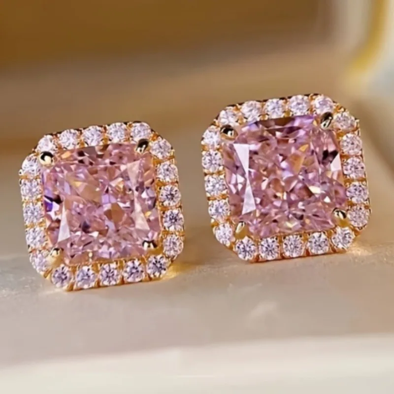 Elegant pink square synthetic zirconia stud earrings for women - 4-prong setting, KC gold plated, perfect for weddings, banquets, parties, and everyday wear, party accessory|Elegant earrings|Square zirconia stone, cute earrings