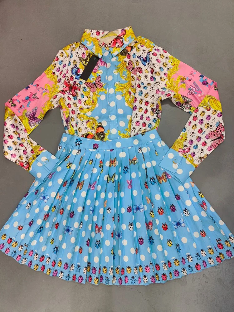 

Retro spring and summer new fashion women's suit printed lapel long-sleeved shirt blouse+high waist pleated skirt two-piece suit