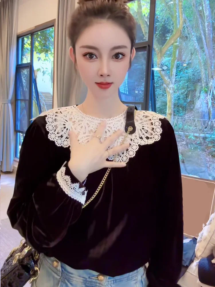 Ele encaje Patchwork terciopelo irt mujer Faion adelgazante Bla Top lujo Sle largo Sve suelta Fit niñas irt