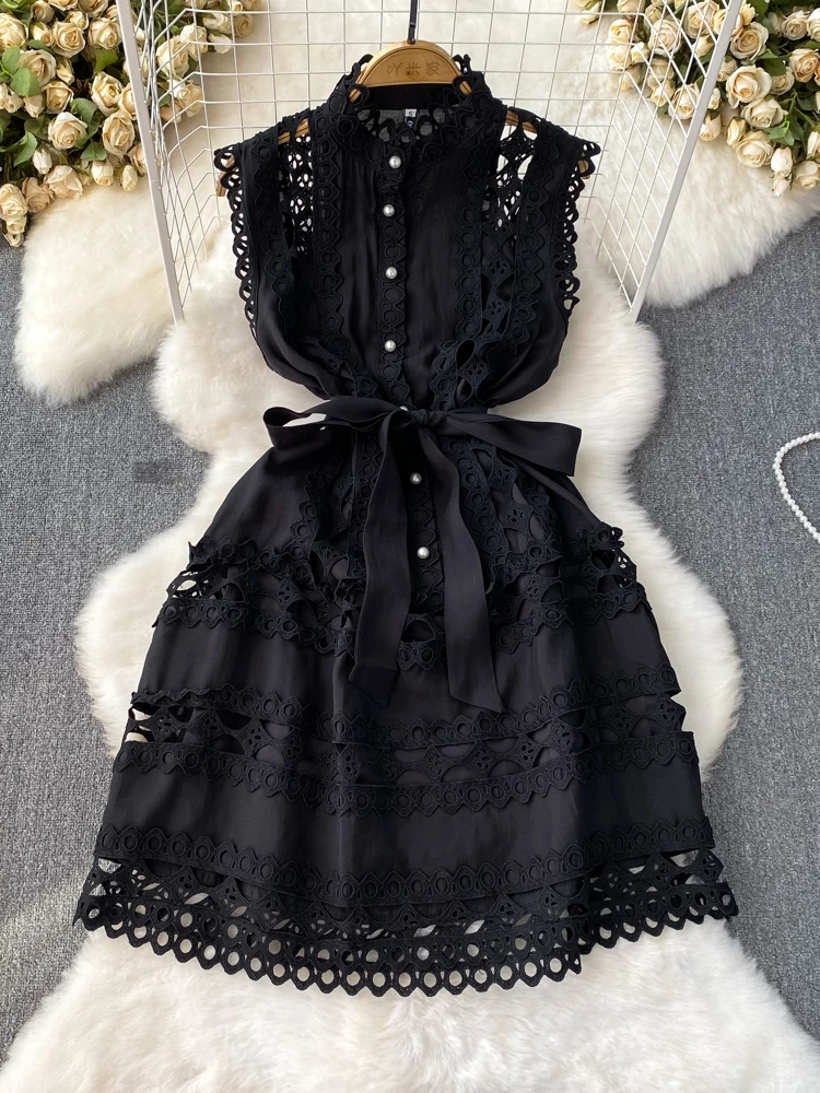 Retro Court Sle Slim Fit Svel A-Linie aushöhlen Stickerei Dr Sommer hohe Taille Stehkragen koreanische Pendeln reine C...