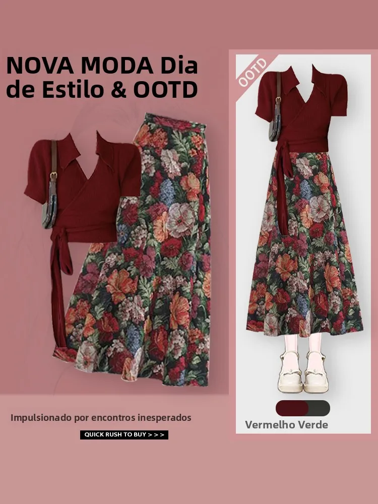 

Summer 2026 Women's Fashion Set Vintage Hong Kong Style Wine Red Top with Floral Half Skirt Ensemble Polyester Fiber Two-Piece