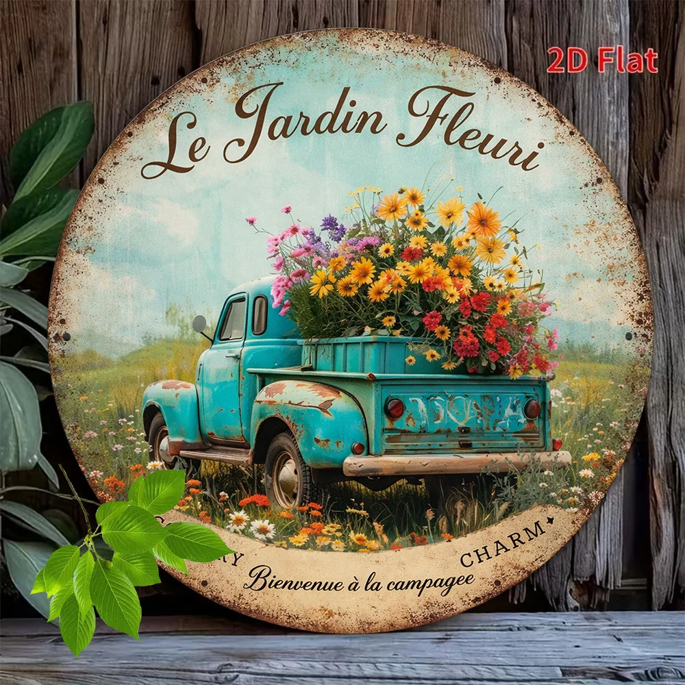 Letrero Metálico Vintage con Diseño Floral de Camión - Placa Decorativa de Metal Resistente para Pared, Decoración para Hogar, Oficina, Bar o Cuarto de Hombre