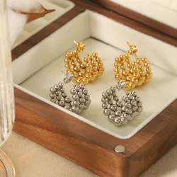 316L Stainless Steel Sliver Color Balls String Beads C Shape Ball Stud Earrings for Women Girls Chunky Exaggerated Metal Jewelry