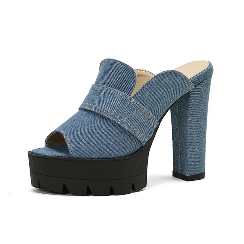 

Blue Denim Platform Sandals Outside High Heels Women Slippers New Fashion Summer Shoes Woman Open Toe Sandalias Mujer WSH5056