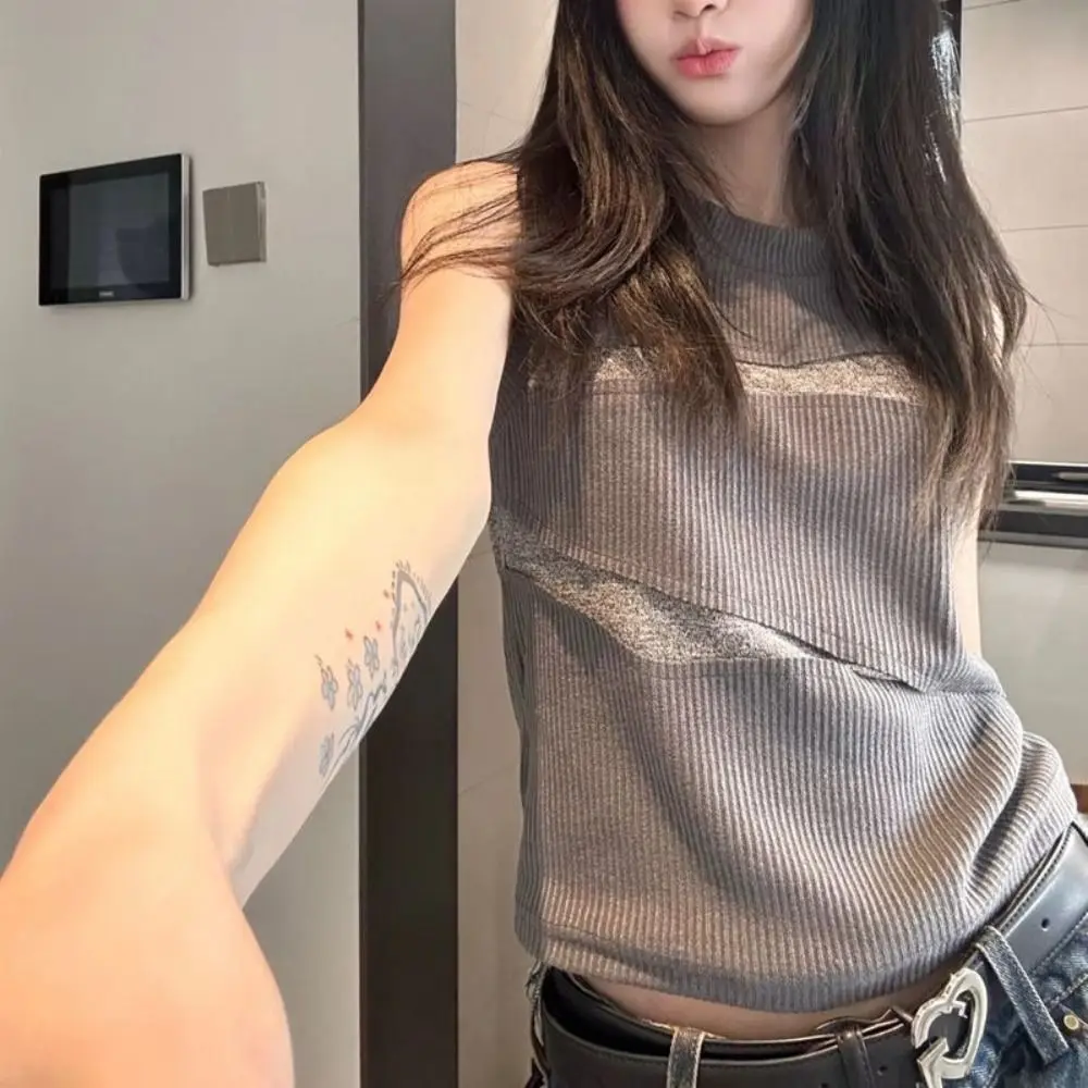 أزياء المرقعة سليم المحاصيل الأعلى جولة الرقبة تانك المرأة سترة أعلى الرجعية قميص بلا أكمام بروتيل السفر