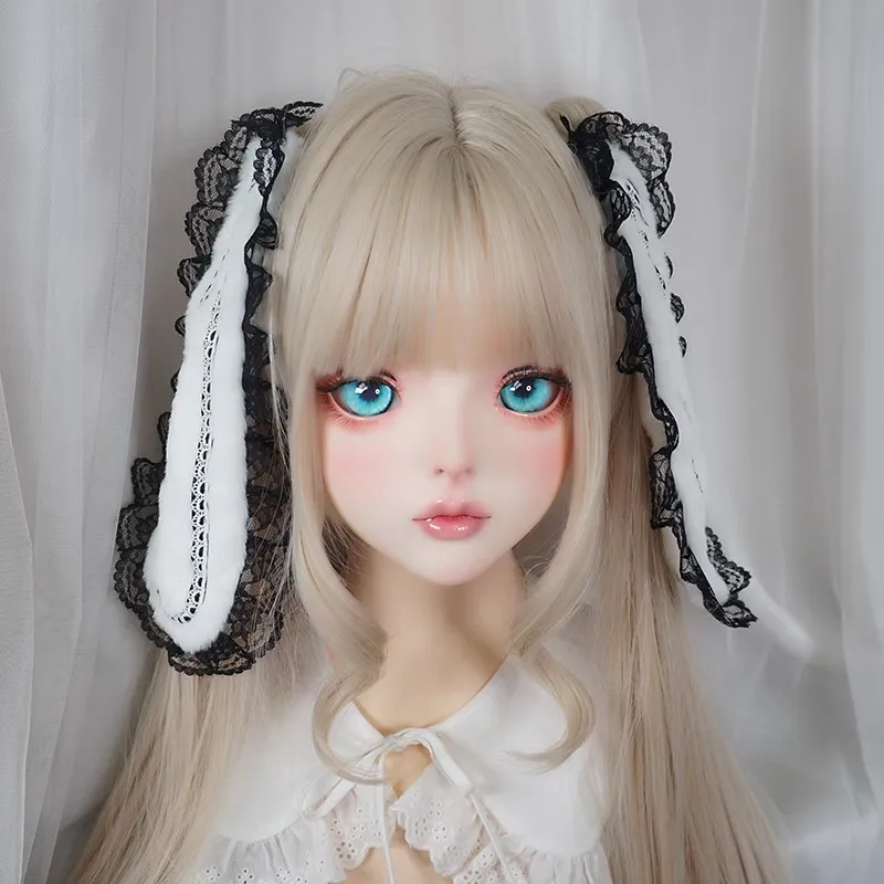 새로운 하라주쿠 이동식 로리타 활 토끼 귀 헤어 액세서리 부드러운 소녀 귀여운 달콤한 플러시 레이스 헤드 피스 메이드 JK 코스프레 머리띠