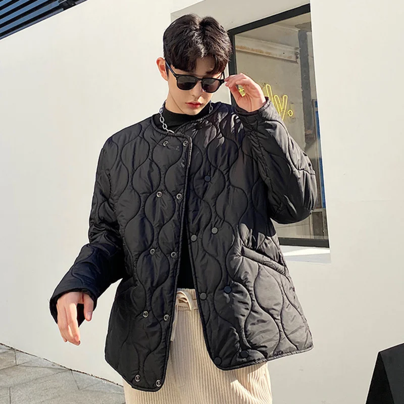 Trend Korean Check Lightweight Quilted Jakcets Men New Collarless Single Breasted Design Loose Chic Cotton Coat 2Y2245