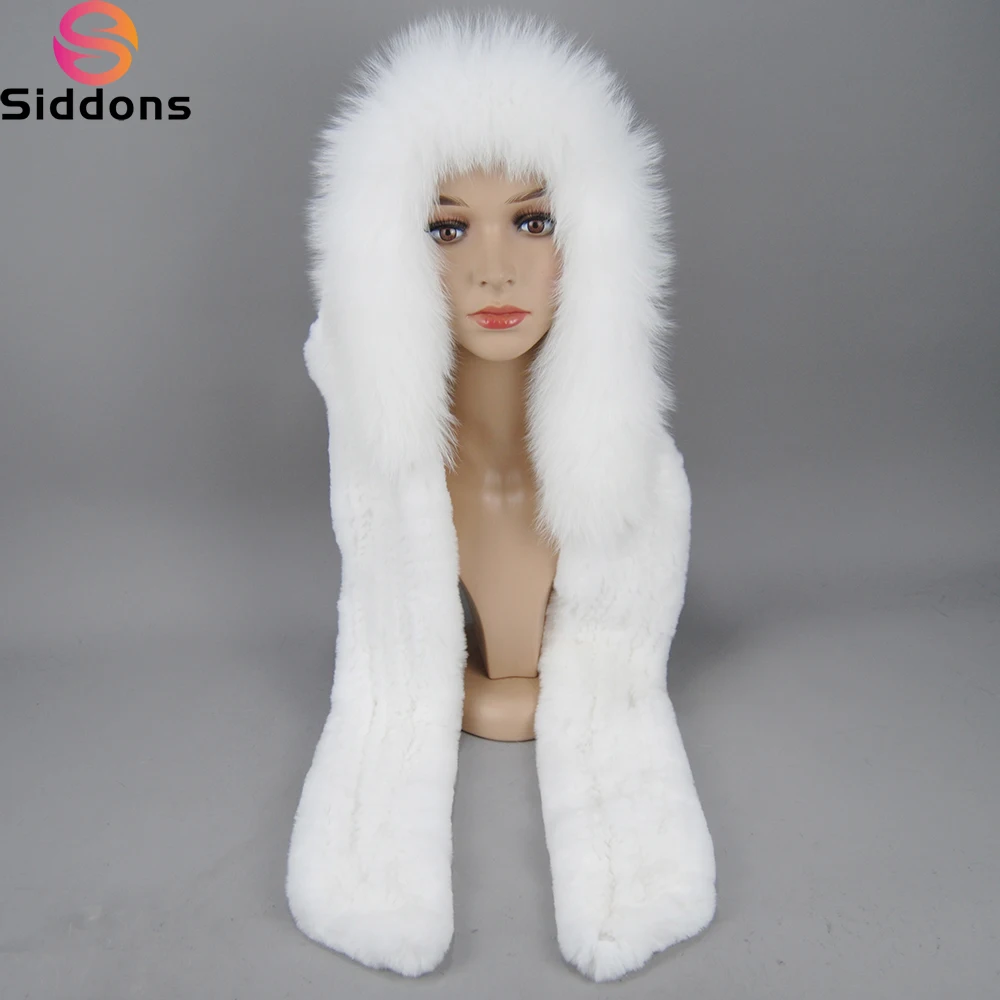 

New Winter Women Natural Fox Fur Hats&Scarves Lady Warm Fluffy Real Rex Rabbit Fur Hat&Scarf Luxury Knit Real Fur Hooded Scarfs