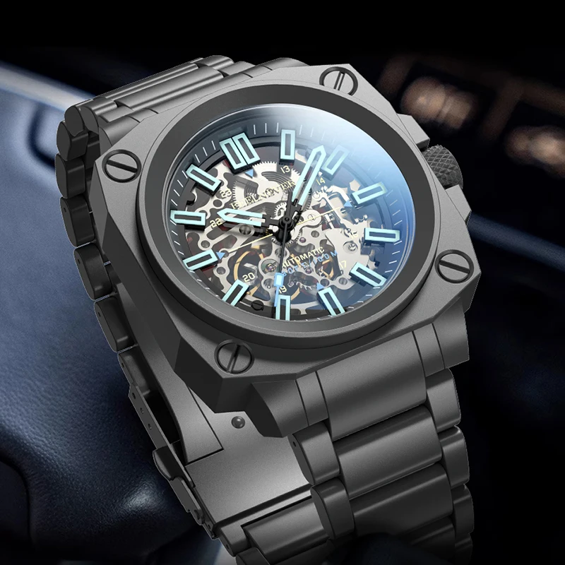 FeelNever Top Brand Mechanical Watch Casual Sports Stainless Band Skeleton Automatic Watches for Men Waterproof Luminous Clocks