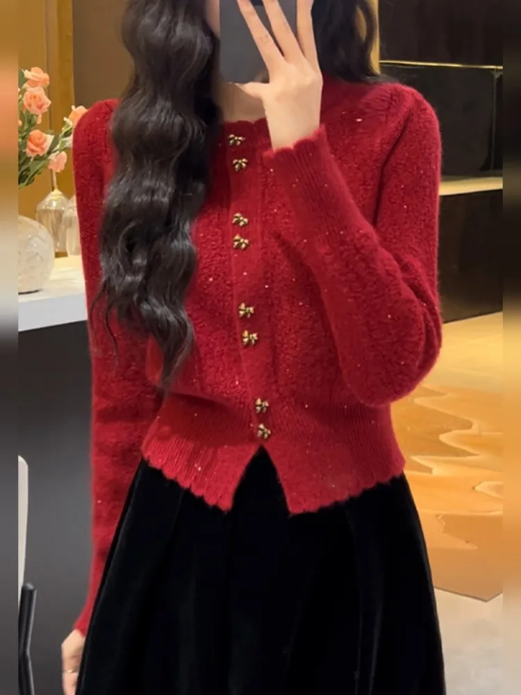 

Красный вязаный открытый кардиган, свитер, женский модный осенне-зимний топ, ленивый элитный корейский свободный крой, мягкий полиэстер