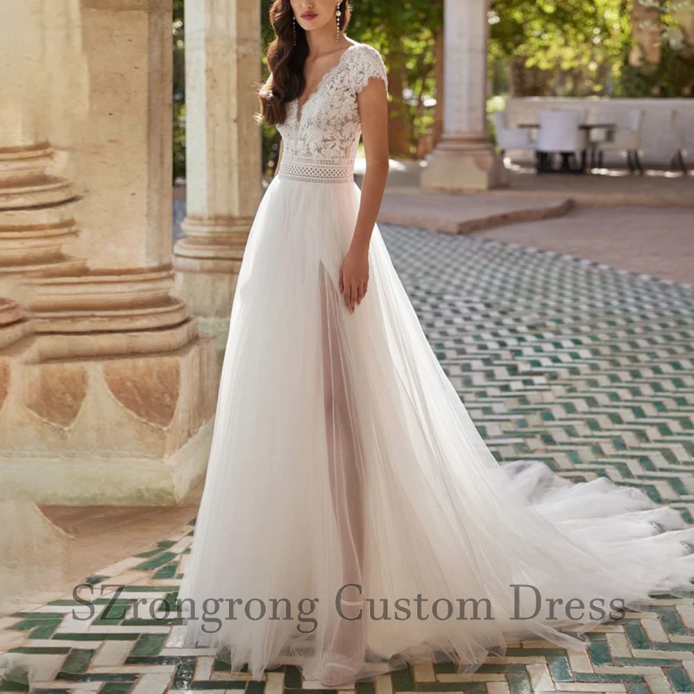 

Custom Made V-neck Lace Tulle Wedding Dress Tank Sleeve A-line Side Slit Appliques Bridal Dresses with Sweep Train Vestidos De