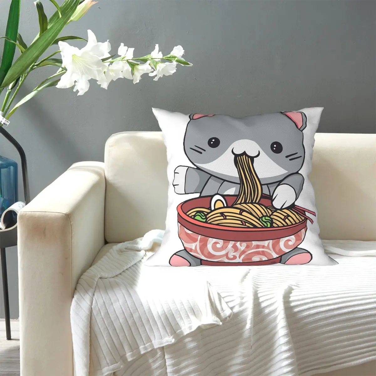 Kawaii Ramen Cat Square Pillowcase Pillow Cover Cushion Zip Decorative Comfort Throw Pillow for Home Bedroom