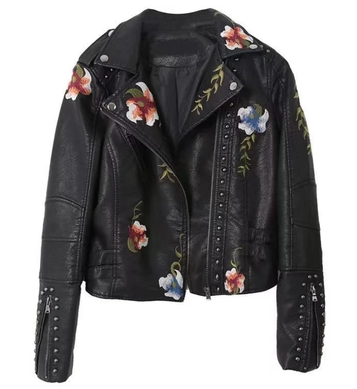 

New Women Retro Floral Print Embroidery Faux Soft Leather Jacket Coat Turndown Collar Pu Moto Biker Black Punk Outerwear