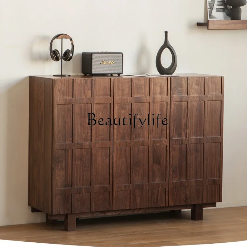 

S Retro Black Walnut Wood Three-Door Shoe Cabinet Japanese Doorway Hallway Multi-Layer Storage Cabinet