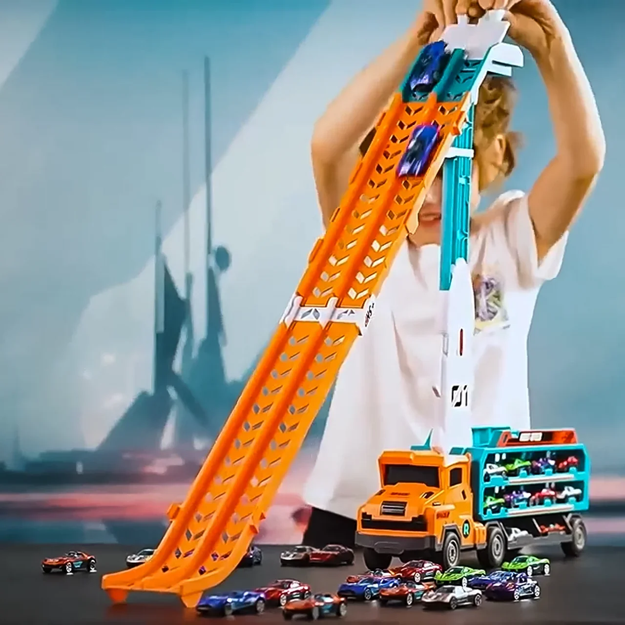 변형 대형 트럭 글라이딩 리프팅 레일 장난감 어린이용 컨테이너 운송차 다이캐스트 자동차 플레이세트 소년 어린이 선물