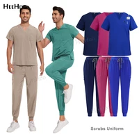 Uniformes de enfermera de manga corta para hombres y mujeres, Tops con cuello en V, pantalones de Jogger, conjunto de exfoliación médica, uniforme informal de belleza de Spa suave, venta al por mayor