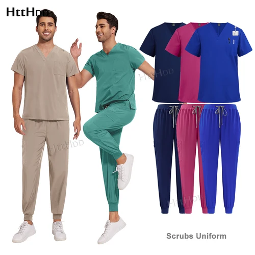 Uniformes de enfermera de manga corta para hombres y mujeres, Tops con cuello en V, pantalones de Jogger, conjunto de exfoliación médica, uniforme informal de belleza de Spa suave, venta al por mayor