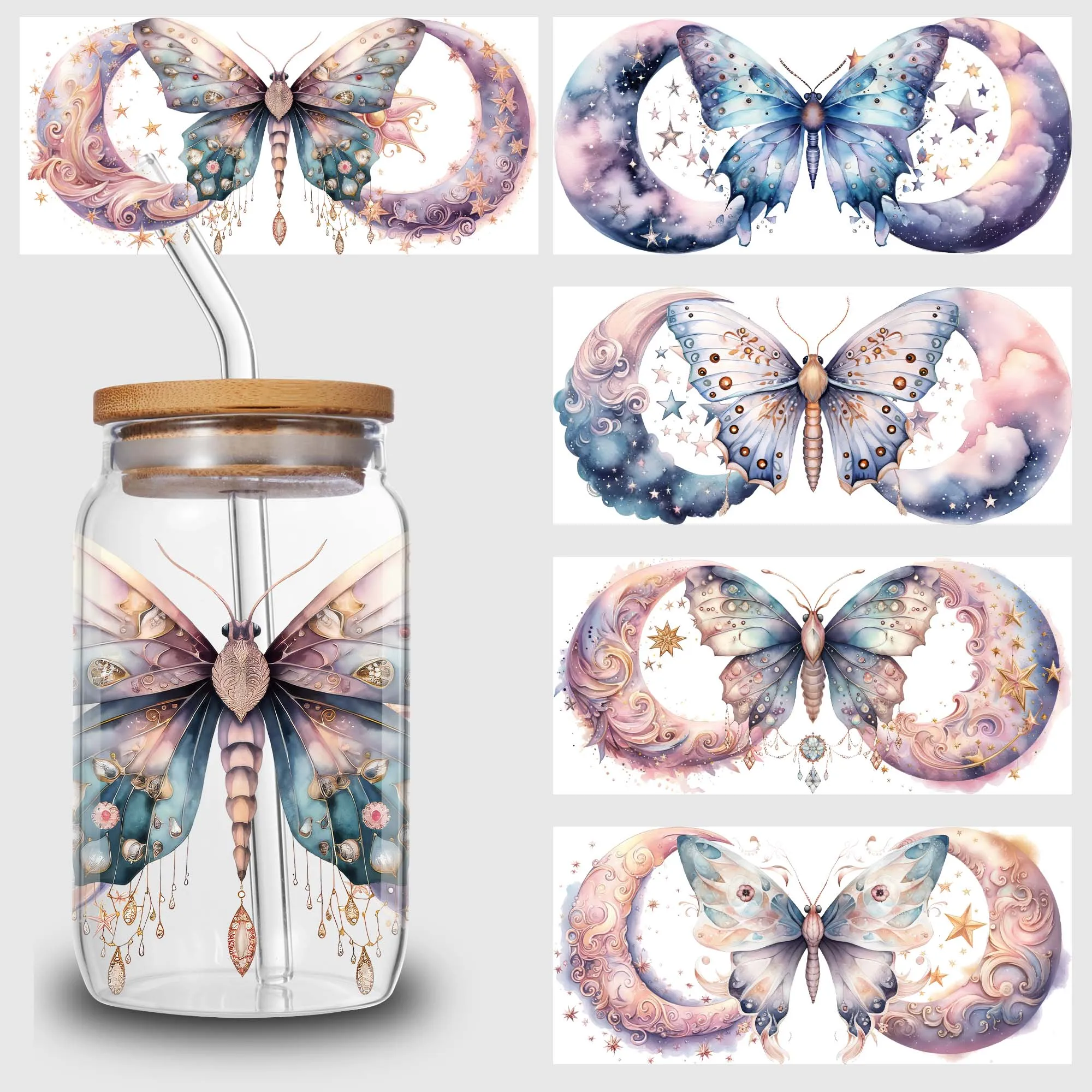 5 folhas de adesivos de copo uv dtf de borboleta bonita, adesivos de transferência esportiva de vidro, transferências de limpeza à prova d'água para vidro de 16 oz, canecas,