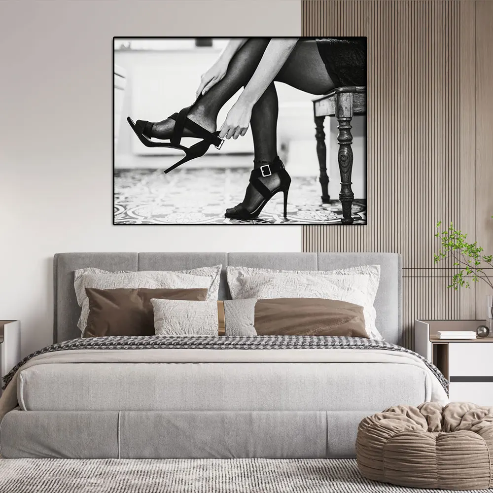 Sexy Woman Wear High Heels Canvas Painting Black Stockings High Heels Poster Printing Modern Nordic Wall Art for Home Room Decor