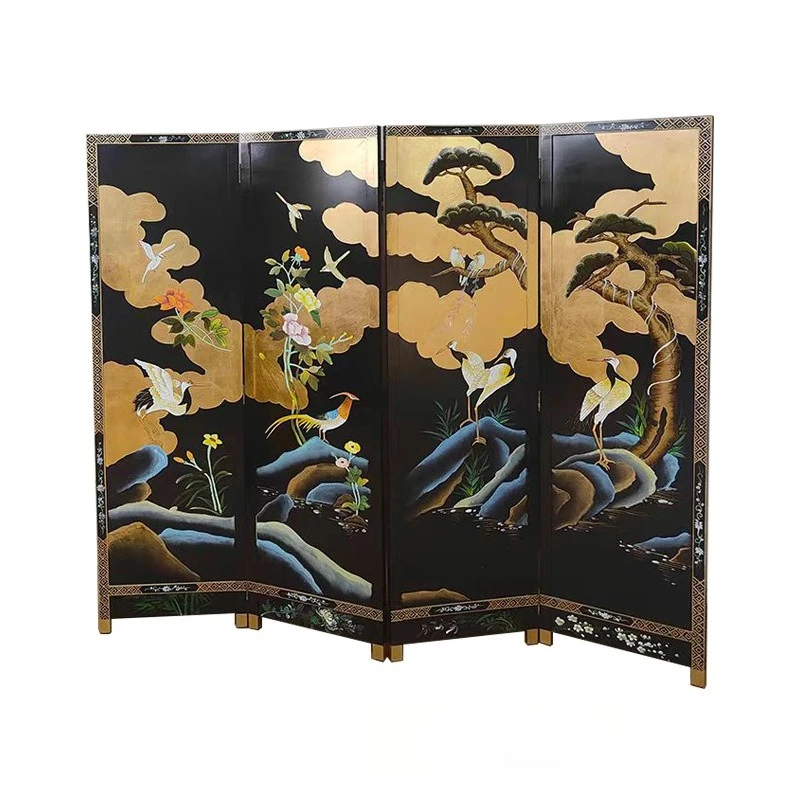 Gold leaf colorful cloud crane hand-painted screen Chinese living room mobile folding screen conference room