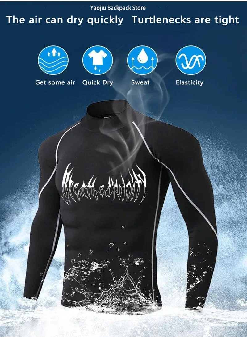 Y2K Men's Turtleneck Compression Shirt Quick Gym Fitness Dry Rash Guard Hight Neck Muscle Athletic Bodybuilding Shirts Summer