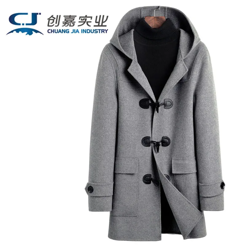 Autumn and Winter New Men's Hooded Horn Button Windbreaker Double-sided Cashmere Wool Coat Medium Length Leisure Warm Black Coat