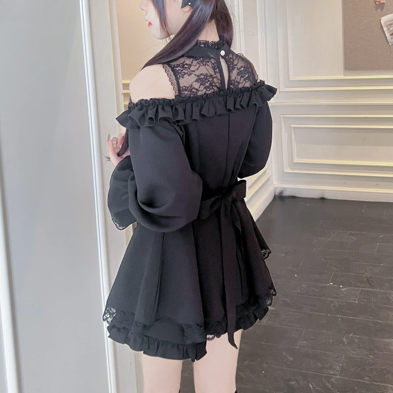 Japanese Gothic Bow Dress women black party Shorts Set Lace Off Shoulder Long Sleeve Slim Shirts Dresses Lolita Y2k Outfits chic