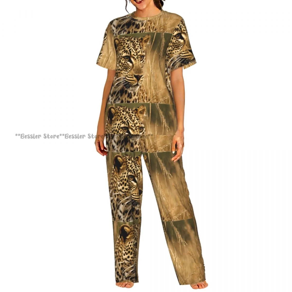 

Женский комплект пижамы с короткими рукавами и брюками с леопардовым принтом, повседневный стиль