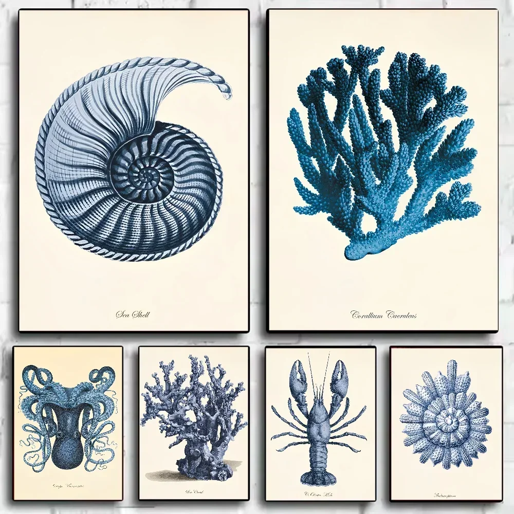 Blue Sea Creature Coral Shrimp Poster HD art sticky wall waterproof home living room bedroom bar aesthetic decoration