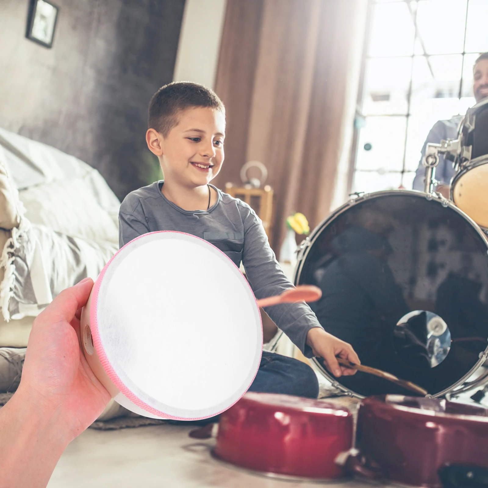 Drewniany bębenek ręczny różowy zabawka dla dzieci instrument muzyczny tamburyn ręczny perkusja zabawki dla niemowląt i małych dzieci gra muzyczna