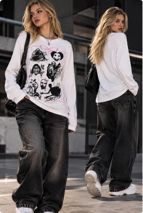 Women Y2K Gothic Long Sleeve T Shirt Coquette Horror Graphic Print Oversized Tee Grunge Aesthetic Casual Tops view 2