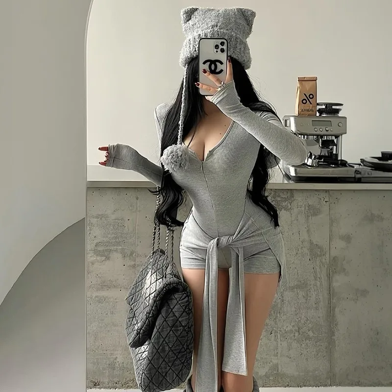 하이웨이스트 허리 조임 점프수트 라운드 넥 긴팔 여성 원피스 편안한 핏 하이웨이스트 폴리에스터 원단