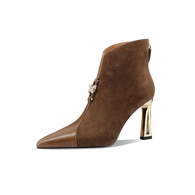 

Winter Boots Women Genuine cow Leather shoes Ankle Ladies Pointed Toe Short Boots