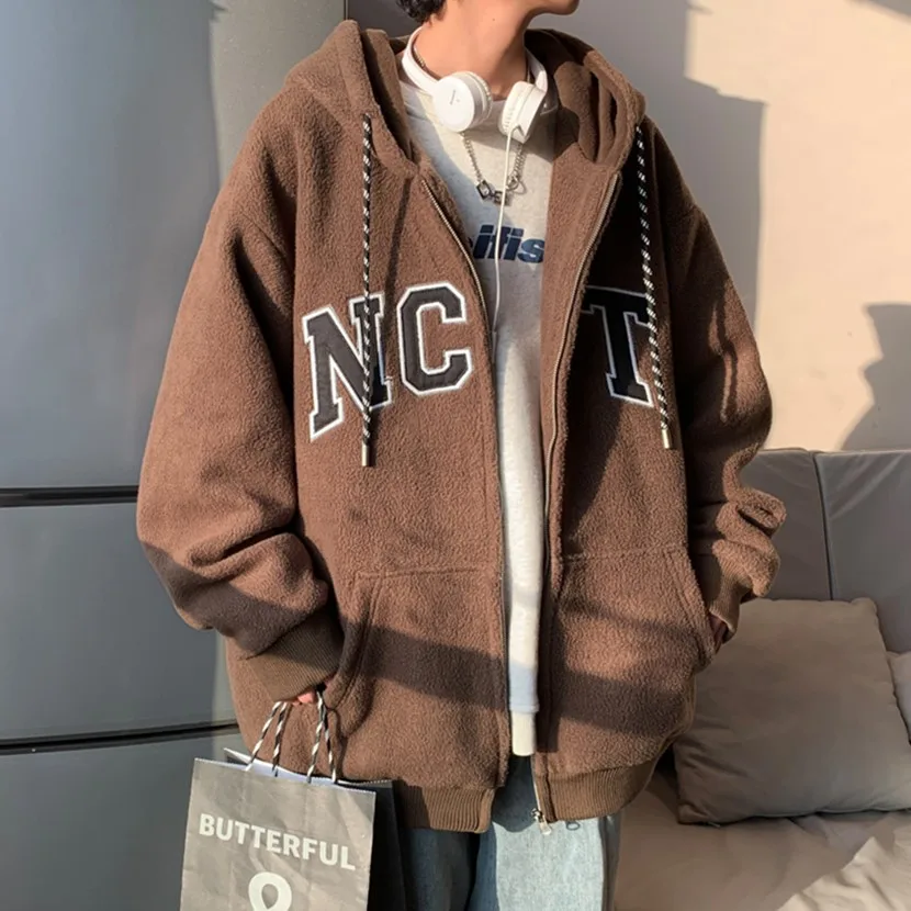 

Lamb Fur Hoodie Jaet Men's Open Cardigan Winter Thiened Fce Loose Casual Wear American Retro Sle Youth ular