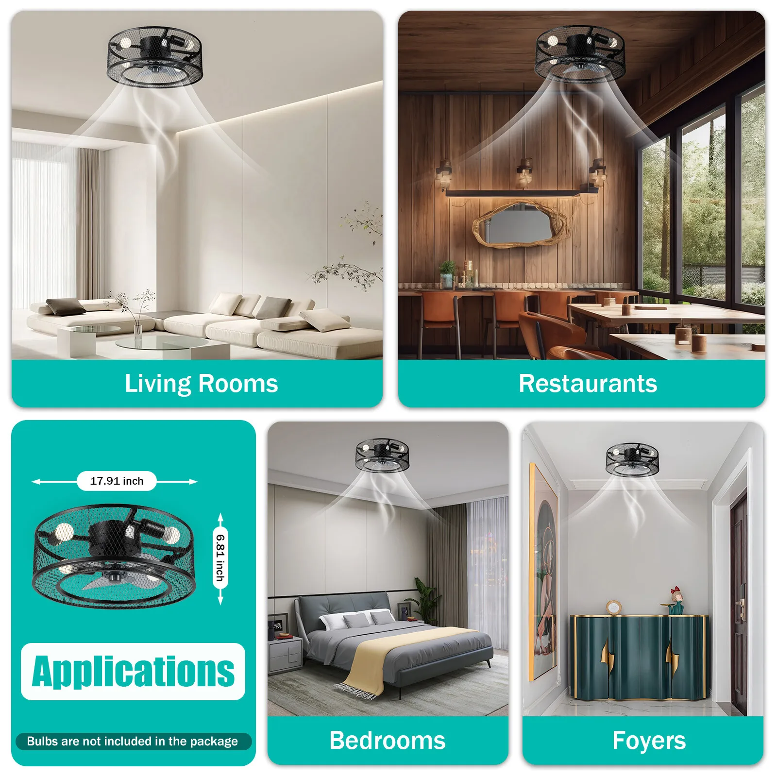 

Modern LED Ceiling Fan Light Semi Flush Mount Caged Fan Lamp with Remote Control