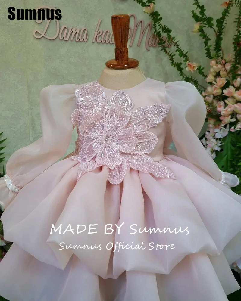 SUMNUS-vestidos rosas de corte en A para niña, vestidos de flores con lazo bonito escalonado, cuello redondo, hasta la rodilla, mangas largas, vestidos para ocasiones de boda personalizados