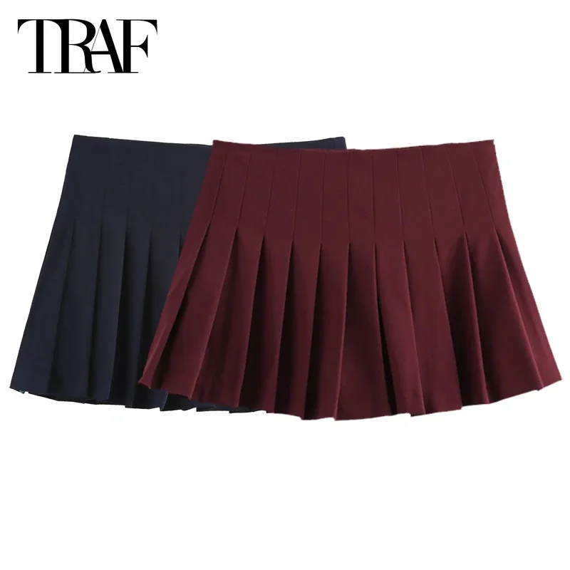 

TRAF Women's Skirts Shorts Burgundy Black Skirt Short Mini Pleated Culottes Summer Women High Waist Skirt Korean Style Culottes