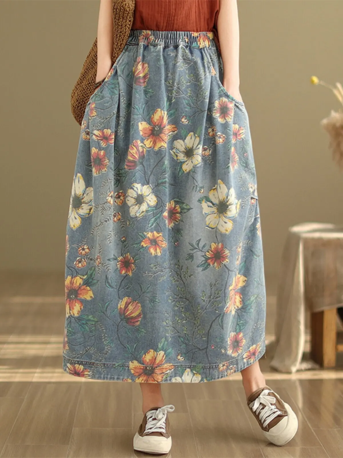 

Oversized Floral Print Denim Skirt For Women Spring Summer Elastic Waist Loose Casual Mid length Jean Skirt