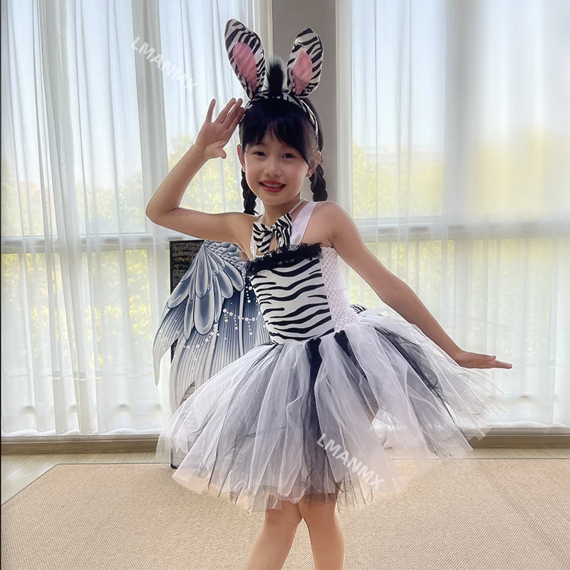 Prestatiekostuum voor meisjes, speels klein zebra, prestatiekostuum, dierenwereld, mesh-jurk voor meisjes, cos