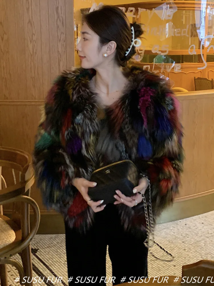 24 autumn and winter new high-end fashion rainbow color round neck contrasting real fox fur grass jacket looks slim for young