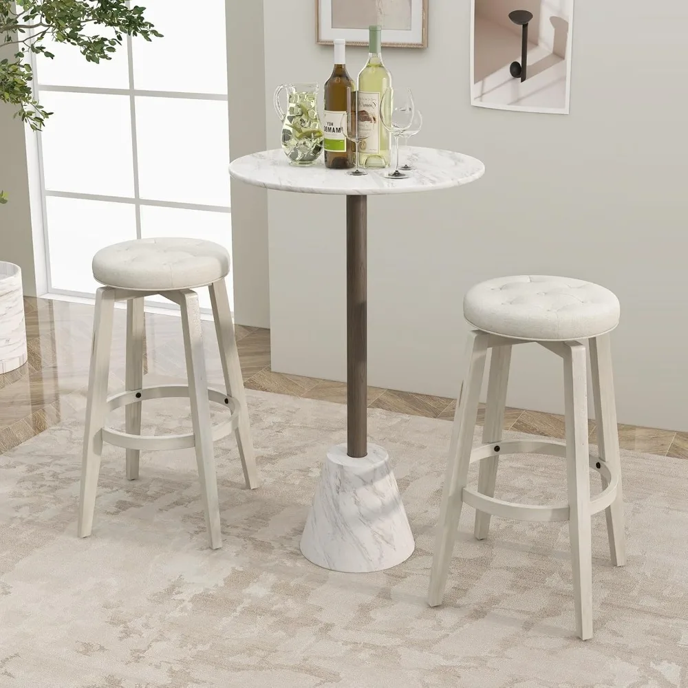 Set of 2 30 High Backless Swivel Bar Stools with Tufted Seats and Rubberwood Frame, Kitchen Counter Stools with Footrest