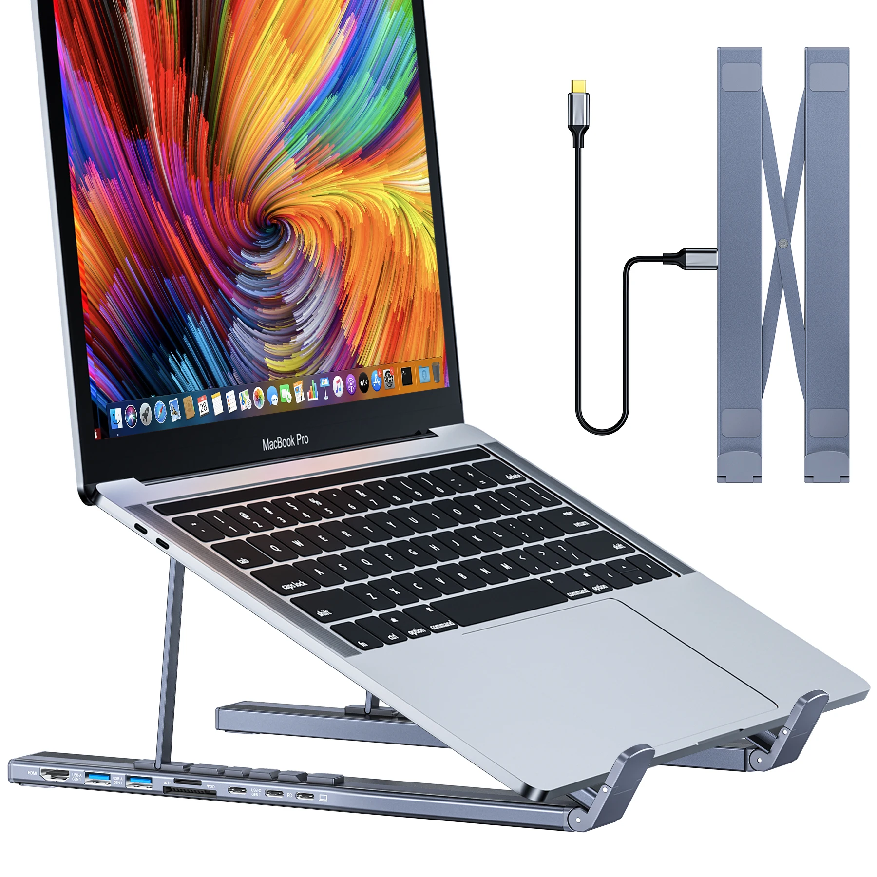 USB C Laptop Docking Station Stand with 4K HDMI, 8 Ports | Powered USB C Hub | Adjustable Laptop Stand for 10-17