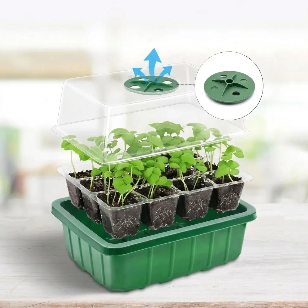 Adjustable Humidity Domes Clear Cell Tray Seed Starter Tray with Plant Light Elevated Seedling Starter Trays Kits for Efficient